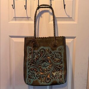 Patricia Nash purse Brown and Teal Embossed Leather Tote Bag